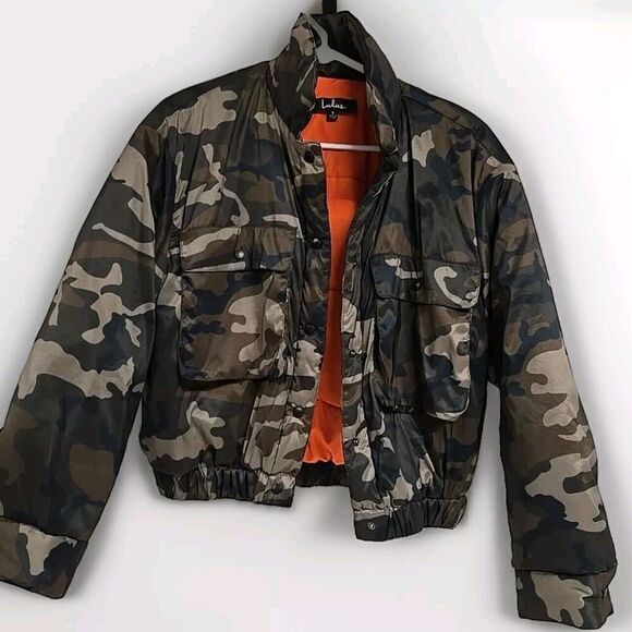 Lulus In Plain Sight Green Camo Print Puffer Bomber Jacket Women’s Size S VGUC - Picture 7 of 12